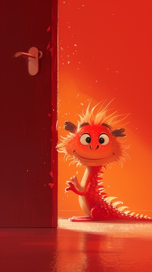 Pixar style, a cute red Chinese dragon hidingbehind a red door, showing only its head, furrytexture, cute and cute expression, minimalist style,simple clean light red background, movie lighting.volume light, soft and advanced colors, BubbleMart.