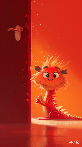 Adorable Chinese Dragon Peeking Behind a Red Door