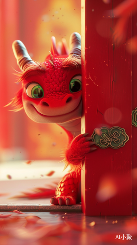 Adorable Chinese Dragon Peeking Behind a Red Door