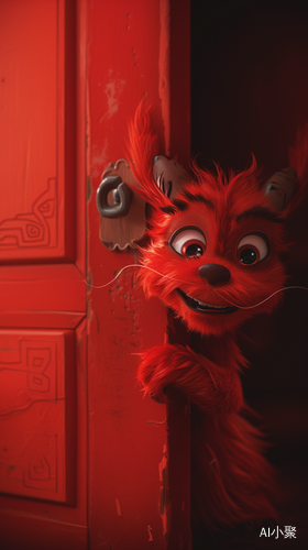 Adorable Chinese Dragon Peeking Behind a Red Door