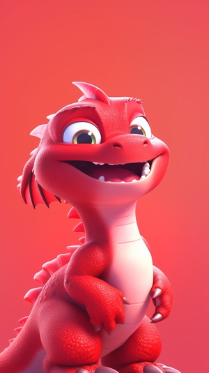 First view, close-up, Pixar style, a lovely Chinesered dragon standing in froont of a red wall,with a smile on its face, waving at you, furrytexture, minimalist style, simple clean light redbackground, movie lighting, volume light, softand advanced colors, Bubble Mart, 3D, C4D, superdetail, super precision, ar 3:4v 6.0