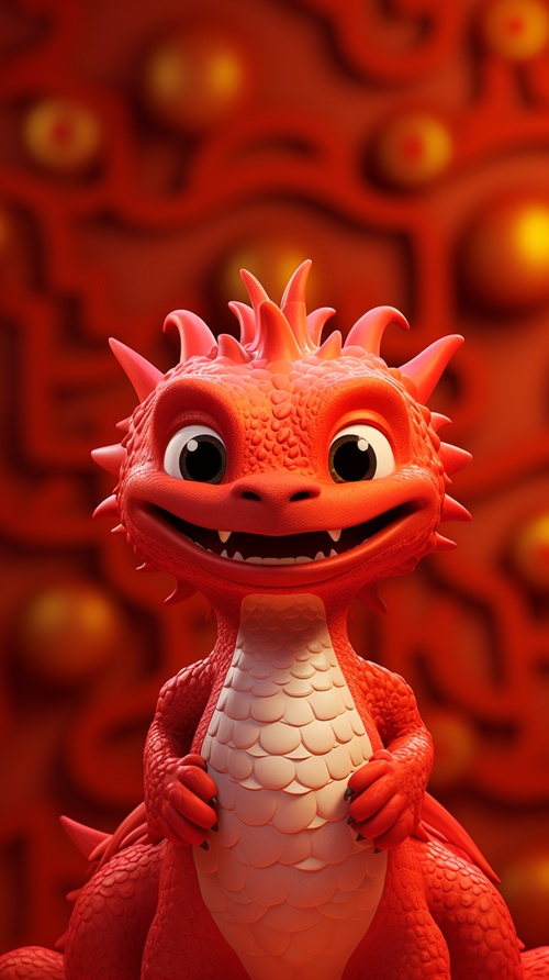 First view, close-up, Pixar style, a lovely Chinesered dragon standing in froont of a red wall,with a smile on its face, waving at you, furrytexture, minimalist style, simple clean light redbackground, movie lighting, volume light, softand advanced colors, Bubble Mart, 3D, C4D, superdetail, super precision, ar 3:4v 6.0