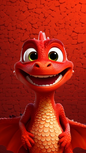 First view, close-up, Pixar style, a lovely Chinesered dragon standing in froont of a red wall,with a smile on its face, waving at you, furrytexture, minimalist style, simple clean light redbackground, movie lighting, volume light, softand advanced colors, Bubble Mart, 3D, C4D, superdetail, super precision, ar 3:4v 6.0