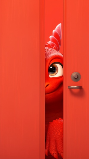 Pixar style, a cute red Chinese dragon hidingbehind a red door, showing only its head, furrytexture, cute and cute expression, minimalist style,simple clean light red background, movie lighting,volume light, soft and advanced colors, BubbleMart, 3D, C4D, super detail, super precision