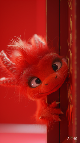 Adorable Chinese Dragon Peeking Behind a Red Door