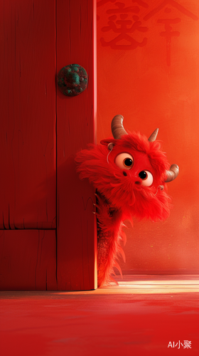 Adorable Chinese Dragon Peeking Behind a Red Door