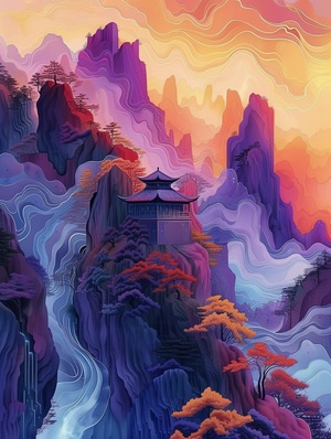 中国的紫色山景，前面的山脉边缘有五颜六色的树木，采用james jean的风格，色彩艺术，精确，细致的建筑绘画，kerem beyit，儒家思想，漩涡色彩，充满活力，高能量的图像，一幅在五彩缤纷的天空下的群山绘画，以kilian eng的风格，神秘的背景，精密绘画toraji，多层，bo chen，东方风格，以迷幻插图，多层色场，超现实的3d风景，流动的轮廓，精确，详细的建筑绘画，speedpainting，紫罗兰和橙色的风格，在复杂的迷幻风景的风格，受中国古代艺术，丰富多彩的分层形式，哑光绘画，oku艺术，东方灵感，神秘的背景的影响，uhd 32k