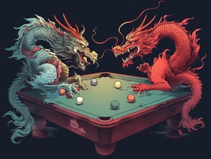 Cartoon Chinese dragons, one in red and the other in blue, engaged in a game of billiards. Rendered in a humorous chalk drawing style with a focus on intricate details.