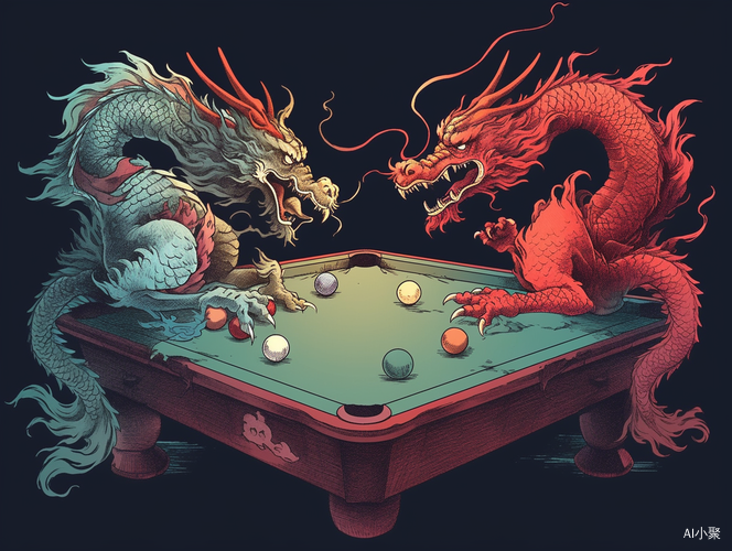 Humorous Cartoon Chinese Dragons Playing Billiards