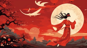 Chinese red background, Chang'e returns to her mother's home to pay a New Year's visit. Beautiful and lovely Chang'e, dressed in ancient Han clothing, holding an ancient palace lantern, stepping on auspicious clouds, descending from the moon to the human world. The white rabbit is full of joy, and the crane is dancing gracefully. The atmosphere of the Spring Festival, oil painting, integrated with Chinese New Year paintings, middle and far views, overlooking, emphasizing the dynamic three-di