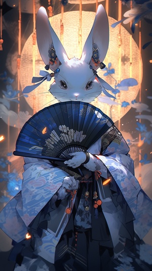 japanese anime rabbit wearing a blue kimono with hand fan, in the style of gothic darkness, handsome, lifelike renderings, changelingcore, oshare kei, dark, caninecore