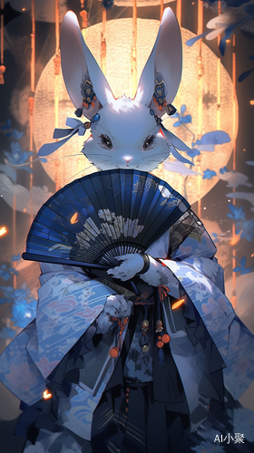 Gothic Darkness: Lifelike Renderings of a Handsome Anime Rabbit in a Blue Kimono