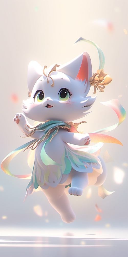 Cartoon cat,full body,3D,disney style,white background,8k,C4D,Blender,OC renderer,ultra HD，洛阳伽蓝记，敦煌飞天猫咪，印度文化、西域文化，飘逸的衣裙、飞舞的彩带而凌空翱翔的飞天，猫咪身披霓裳，轻纱曼舞，飘带旋绕，姿态轻盈。猫咪手捧花盘，洒落的是无尽的福泽;猫咪手持琵琶，弹奏出美妙的乐章;猫咪手挥佛珠，梦幻，天空飘落花瓣飞花，身体悬浮飞舞在空中，远景，全景，全身，高细节，高品质，大师作，神情安详，高贵典雅，3D，立体渲染