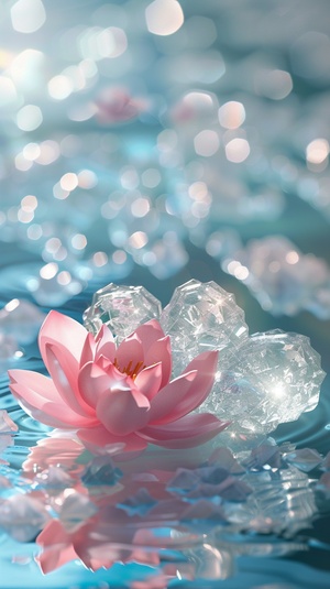 surreal, there are two small and little pink and sakura made of Snow white crystal on the sparkling white water with foil and jade pink lotus flower, they are make a heart shaped in the middle, beautiful curves, sunlight, spots, reflective cyan, light and shadow, sacred, natural light, cinematography, photography, real, high-definition, high detail, clean, simple, best picture quality ar 4:7 v 6