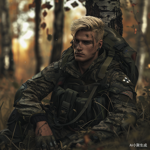 德国士兵穿防弹衣坐在树林中