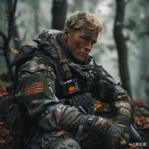 德国士兵穿防弹衣坐在树林中