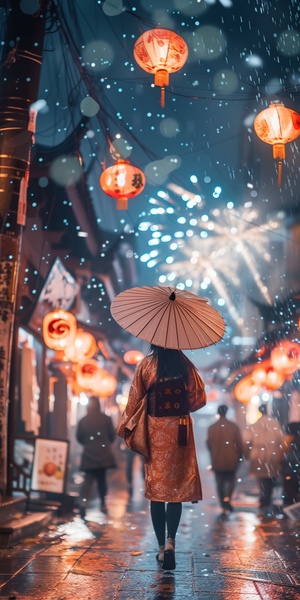 新年服装的女孩子在烟花街道上笑着走路