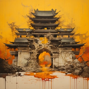 A painting in the style of an building on a yellow background, influenced by ancient Chinese art, rusty fragments, mote kei, majestic monumentality, tranquil visuals, monumental mural, complex layers and textures