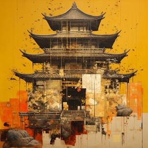 A painting in the style of an building on a yellow background, influenced by ancient Chinese art, rusty fragments, mote kei, majestic monumentality, tranquil visuals, monumental mural, complex layers and textures