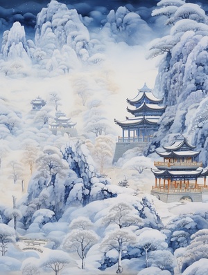 The painting features an Asian style landscape with blue trees and buildings in the style of an epic fantasy scene, snowy landscape, uhd image, chuah thean teng, light indigo and gold, silk painting, modern European ink painting