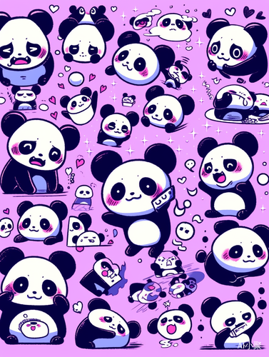 Cute Baby Panda with Various Emoticons and Haring-style Doodle