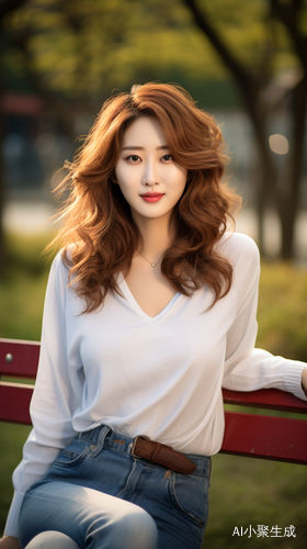 时尚中式美女30岁肥胖身材紧身牛仔裤打底衫波浪长发