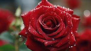 Red, a field of blooming roses, close-up shot of a single rose with dew drops on its petals, soft and romantic atmosphere ar 16:9 v 5.1