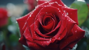 Red, a field of blooming roses, close-up shot of a single rose with dew drops on its petals, soft and romantic atmosphere ar 16:9 v 5.1