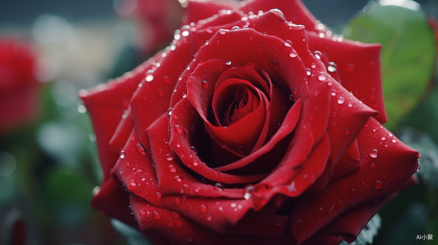 Blooming Red Rose with Dew Drops: A Soft and Romantic Close-up