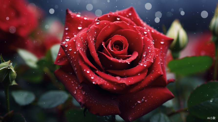 Blooming Red Rose with Dew Drops: A Soft and Romantic Close-up