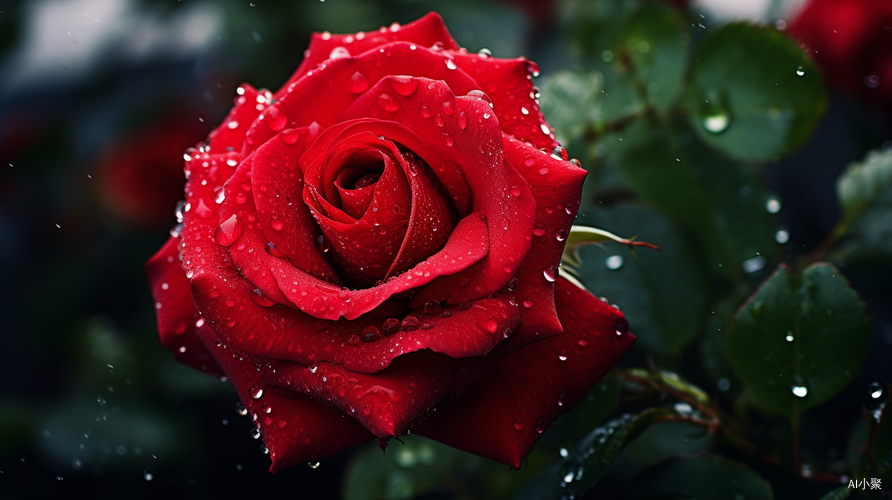 Blooming Red Rose with Dew Drops: A Soft and Romantic Close-up