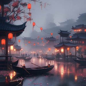 Misty and rainy Jiangnan scenery, flowers, flowing rivers, soft light, standard lens, shot in the evening, positive film, using AI image enhancement technology, Unreal Engine engine, high definition, super real. v 5.2 ar 9:16