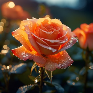 Orange, a field of blooming roses, close-up shot of a single rose with dew drops on its petals, soft and romantic atmosphere ar 1:1 v 5.1