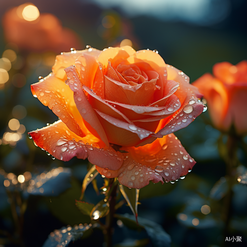 Orange Rose with Dew Drops: A Romantic Field of Blooming Roses