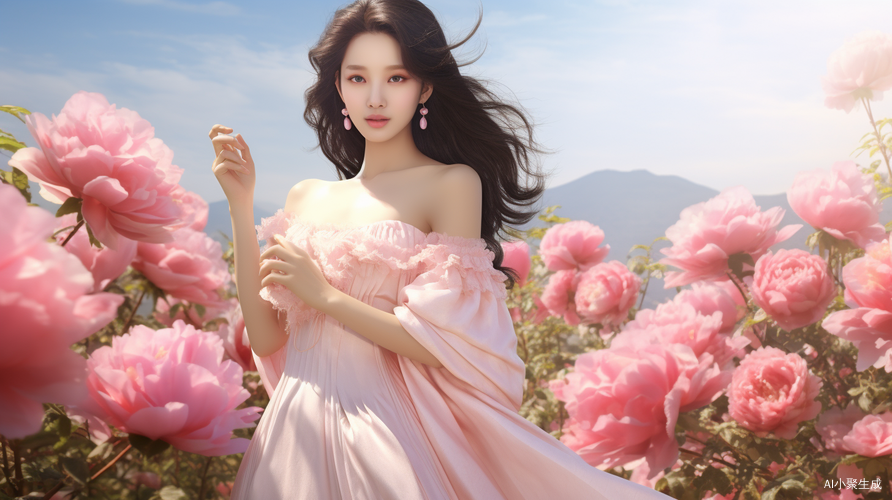中国女子走入牡丹花丛美丽迷人