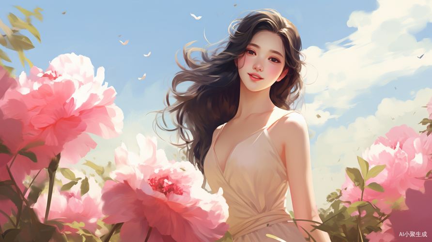 中国女子走入牡丹花丛美丽迷人