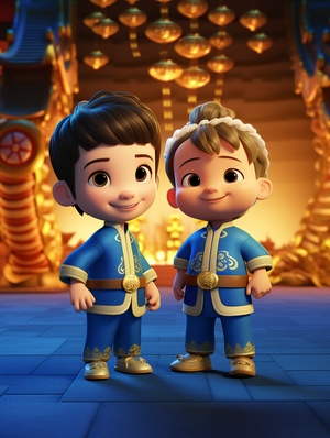 Pixar animation style, Chinese New Year, two cutefive-year-old boys are standing in the middle,wearing traditional Chinese clothes, they are holding a humanoid Chinese dragon together, smiling brightly,there are some gold coins on the ground, blue andwhite color scheme, strong lighting effects, Superdetailed, 3D rendering, HD, 8k ar 3:4 s 750niji 6