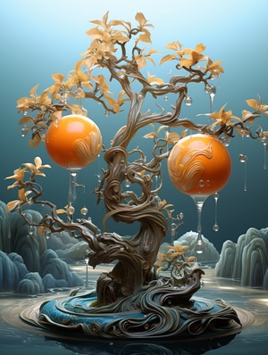 an apple on a stand and three branches,in the style of light orange and aquamarine,traditional chinese landscape, photo-realistic techniques, elaborate fruit arrangements, kerem beyit,layered