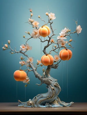 Layered Traditional Chinese Landscape with Elaborate Fruit Arrangements