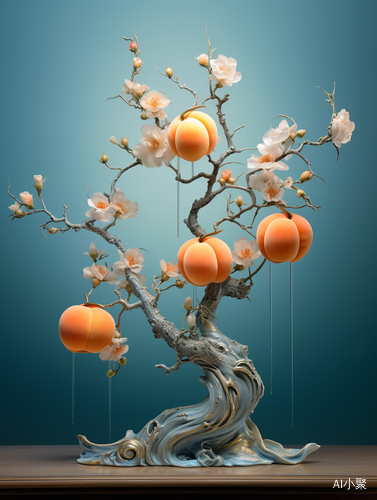 Layered Traditional Chinese Landscape with Elaborate Fruit Arrangements