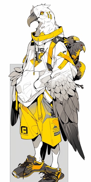 a white and yellow bird perched on top of a shirt, in the style of disfigured forms, petcore