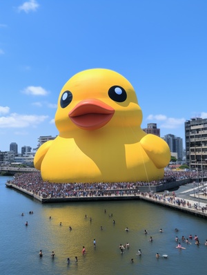 A picture of Kaohsiung’s Love River Bay, with a giant yellow duck in the water, surrounded by many people taking photos, the sky is blue, the atmosphere is joyful