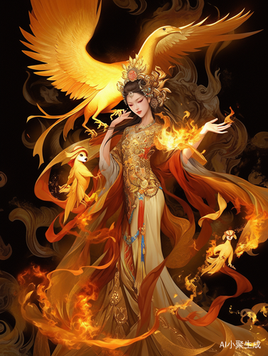 金衣女子与凤凰：古风二次元画卷