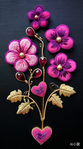 Needle Felt Wool Embroidery of Fuchsia Red Shamrock and Gold Jewellery