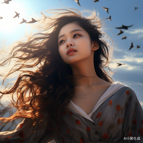 阳光下的女孩，远望平静天空