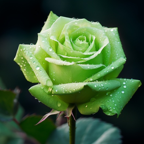 Green, a field of blooming roses, close-up shot of a single rose with dew drops on its petals, soft and romantic atmosphere ar 1:1 v 5.1