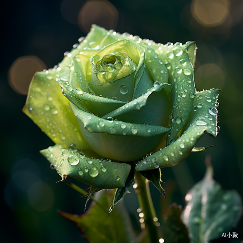 Green Field: Close-Up of Dewy Rose with Romantic Atmosphere