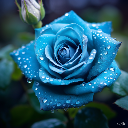 Cyan Field: Close-Up Shot of a Dewy Rose in a Romantic Atmosphere