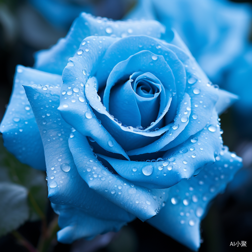 Cyan Field: Close-Up Shot of a Dewy Rose in a Romantic Atmosphere