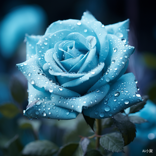 Cyan Field: Close-Up Shot of a Dewy Rose in a Romantic Atmosphere